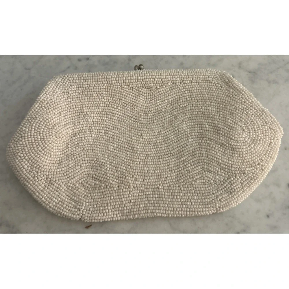 Beautiful Vintage Charlet Floral Cream Beaded Silk Lined Evening Bag Kiss Lock